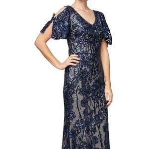 Alex Evenings V-Neck Floral Dress Navy/Nude Size 6 nwt
